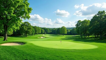 Scenic golf course parkland, lush green fairways, groundskeeping, hole, perspective