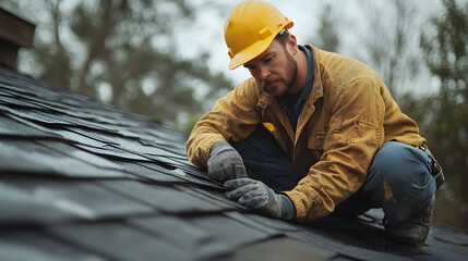 Roofing worker inspecting a roof for damage after a storm. Featuring attention to detail and care