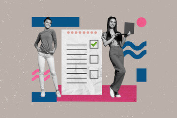 Picture collage of person stand grey background with checklist approval