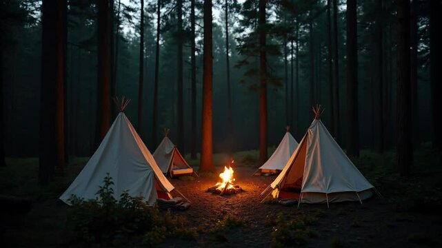 Cozy camping setup with tipis surrounding a warm campfire in a serene forest at dusk