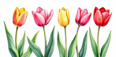 Obraz premium Delicate hand-drawn tulips in watercolor; closed, opening, & open buds , detail, floral