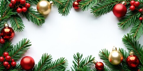 Elegant arrangement of pine, red berries, and gold ornaments, creating a charming Christmas frame , image, holiday