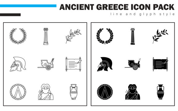 This icon set showcases Laurel Wreath, Ionic Column, Olive Branch, Spartan Helmet, Chariot, Scroll, Hoplite Shield, Zeus, and Greek Vase &mdash; symbols of ancient Greek warfare, wisdom, and glory.