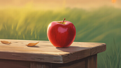 Red Apple on Rustic Wooden Table in Autumn Setting