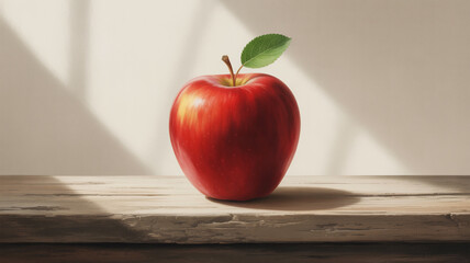 Single Red Apple on Rustic Wooden Table with Sunlight