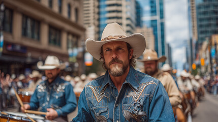 Cowboy Leads Marching Band in Calgary Stampede Parade Through Downtown City Streets in Traditional Western Attire