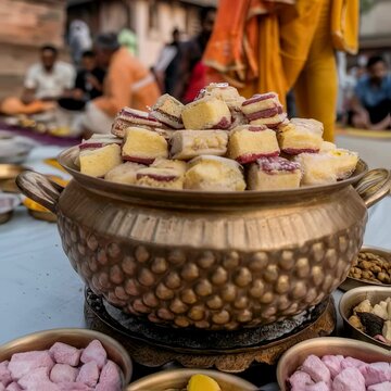 Traditional indian sweets mithai arranged in ornate brass bowls for cultural celebration. Delicious colorful dessert assortment for religious ceremony or festival event concept footage.
