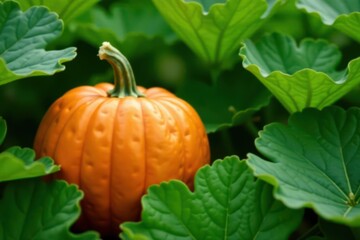 Perfectly round pumpkin amongst green leaves, ready to pick , leaf, sunlight, vegetable garden
