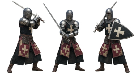 Three armored knights wielding swords and a shield, showcasing medieval combat attire.