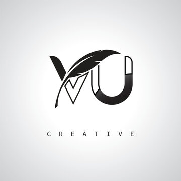 VU Letter Logo with Feather Pen &ndash; Elegant Monogram for Creative Branding and Identity Design