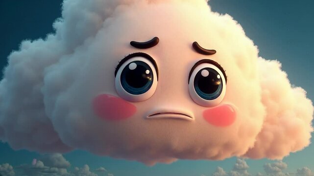 Cloud with a sad expression shedding tears in a vibrant blue sky