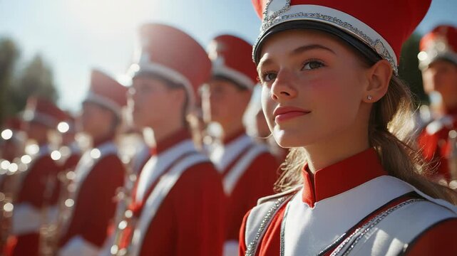 Smiling marching band girl in red and white uniform