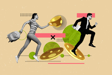 Poster pop collage of people run with flying cup on yellow color background