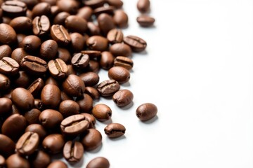 Naklejka premium Roasted coffee beans scattered on white background, food, coffee, background