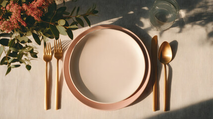 A minimalist dining setup with beige tablecloth, pastel pink plates, and delicate gold cutlery, captured top-down with soft-focus edges and natural ambient light 95577470 2