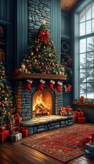 Obraz premium Cozy Christmas Fireplace Scene with Decorated Trees