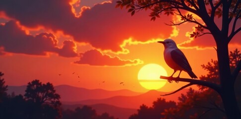Serene bird silhouette at sunset; majestic branch, fiery sky , art, orange, branch