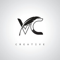 VC Letter Logo with Feather Pen – Elegant Monogram for Creative Branding and Identity Design