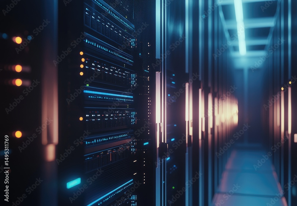 Poster Futuristic data center hallway with illuminated server racks and glowing lights, perfect for themes like cloud technology, cybersecurity, IT systems, or digital transformation