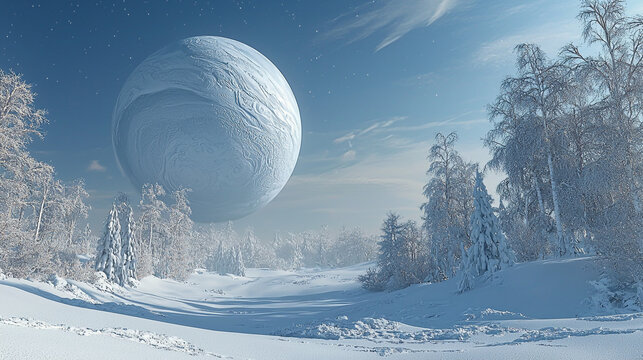 A snowy landscape with snow covered trees and a large planet in the sky on a bright sunny day