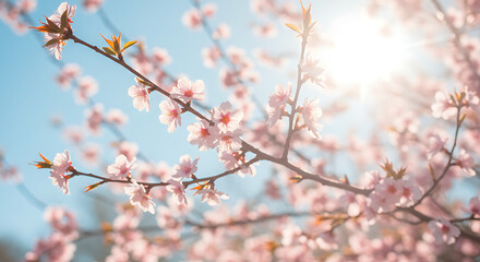 Blossoming Cherry Branch Bathed in Sunlight Against a Pale Blue Sky