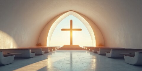 Naklejka premium Modern chapel interior with sunlight illuminating cross at sunrise, inviting serenity and reflection