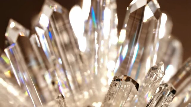Elegant close-up of light refracting through clear cut glass crystals, creating rainbow prisms with a sophisticated, modern ambiance