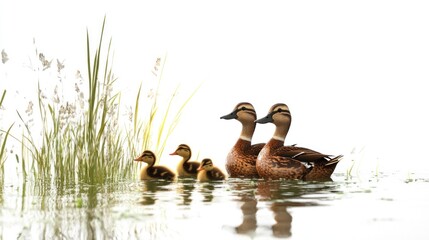 Duck family swimming in calm water, reeds background, nature scene, wildlife photography