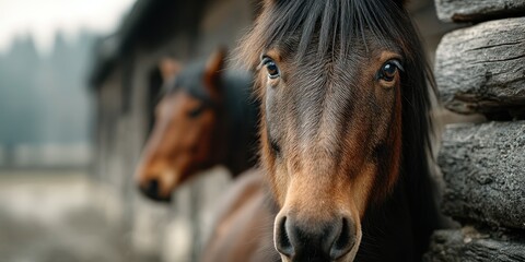 Horses standing near a rustic stable in a serene countryside setting during early morning hours