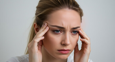 Blonde woman with blue eyes massages temples displaying a stressed expression
