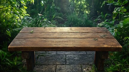 Fototapeta premium Rustic Wooden Table in Lush Garden