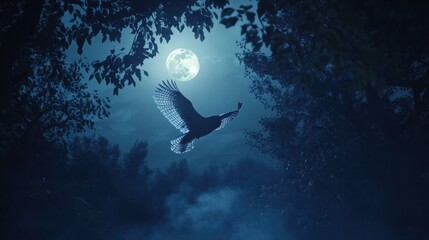 Eagle soaring moonlit forest night, nature scene