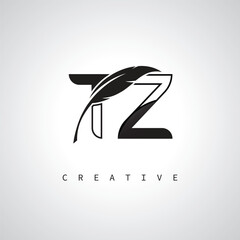TZ Letter Logo with Feather Pen – Elegant Monogram for Creative Branding and Identity Design