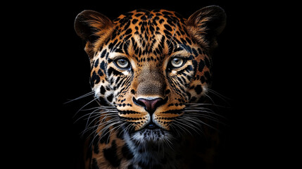 Obraz premium Close up portrait of a leopard with striking eyes and detailed fur on a black background image