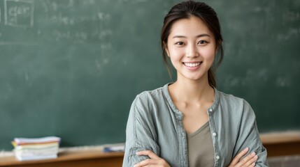 Mid-shot of a female Asian teacher in a casual classroom, chalk and paper in hand, standing confidently before a green chalkboard