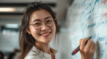 Smiling Asian woman teacher with glasses explaining a lesson, pointing at the whiteboard with a marker, holding class materials