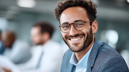 Obraz premium Young Professional Man Smiling in Modern Office Environment