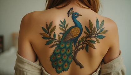 Peacock Tattoo on Woman's Back