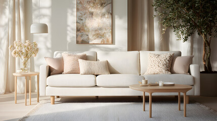 An elegant modern sofa in pale sand tones with pastel cushions, a light gray rug underneath, photographed front-on in bright indirect daylight 84349911 3