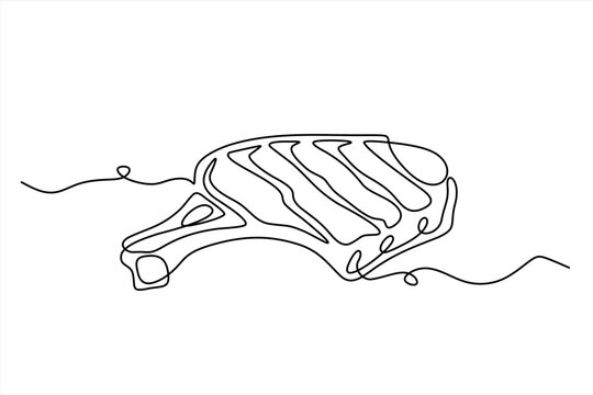 Meat veal, pork, beef, veal steak grill bbq and vegetable salad. One continuous line drawing. Food in a restaurant. One Line Art isolated white background. Editable stroke
