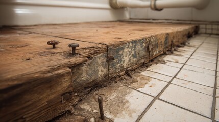 Close-Up of Severely Water-Damaged Wooden Subfloor in Bathroom, Mold Patches, Rotting Wood, Rusted Nails, Moisture-Stained White Tiles, Linoleum Removal, Bathroom Renovation Damage