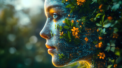 Profile of a Digital Human Face Merging Technology and Nature with Vibrant Colorful Graphics : Generative AI