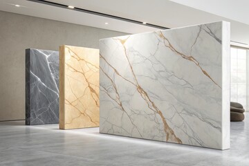 Three Modern Marble Panels in a Minimalist Interior
