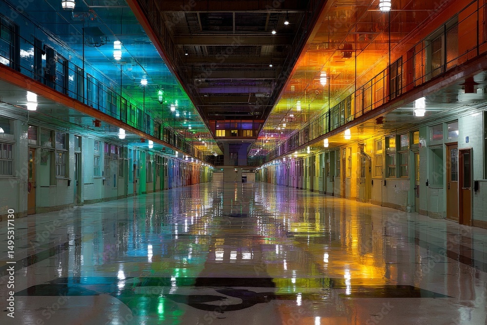 Poster colorful reflections in an empty corridor of a modern building during nighttime