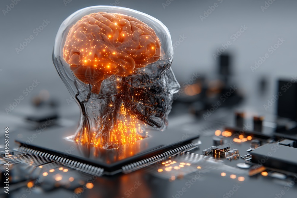 Poster artificial intelligence merges technology and human thought, showcasing brain and circuit board inte