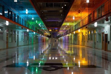 Fototapeta premium Colorful reflections in an empty corridor of a modern building during nighttime