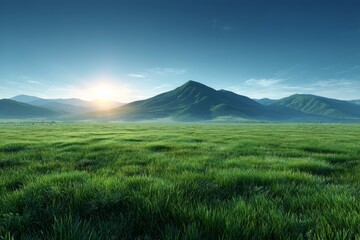 Fototapeta premium Sunrise over lush green fields and distant mountains in a serene landscape during early morning hours