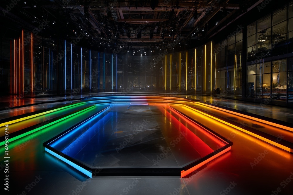 Poster Colorful LED lights illuminate a sleek empty stage in a modern venue during a tech event setup