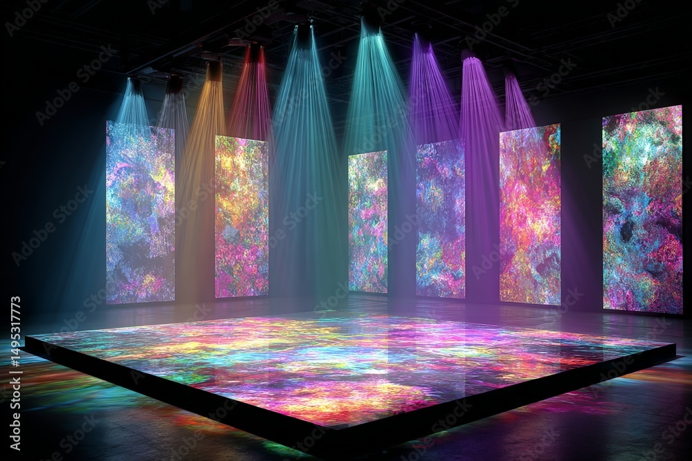 Aufkleber colorful light installation with vibrant patterns showcasing modern art in urban gallery setting