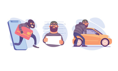 Illustrations focusing on Cyber Theft and Car Theft highlighting various aspects and themes